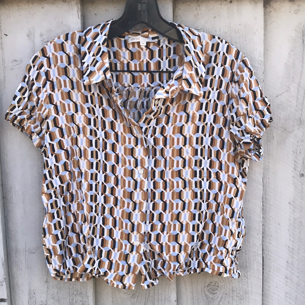 Maje Geometric Short-Sleeve Button-Down Shirt in Mustard,White,and Black- size 2